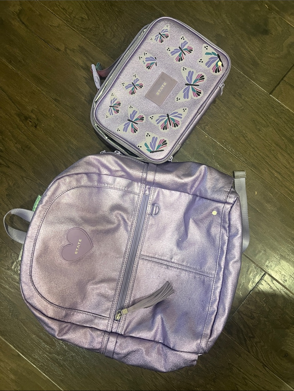 STATE Metallic Lavender Kids Backpack with Butterfly Lunch Bag